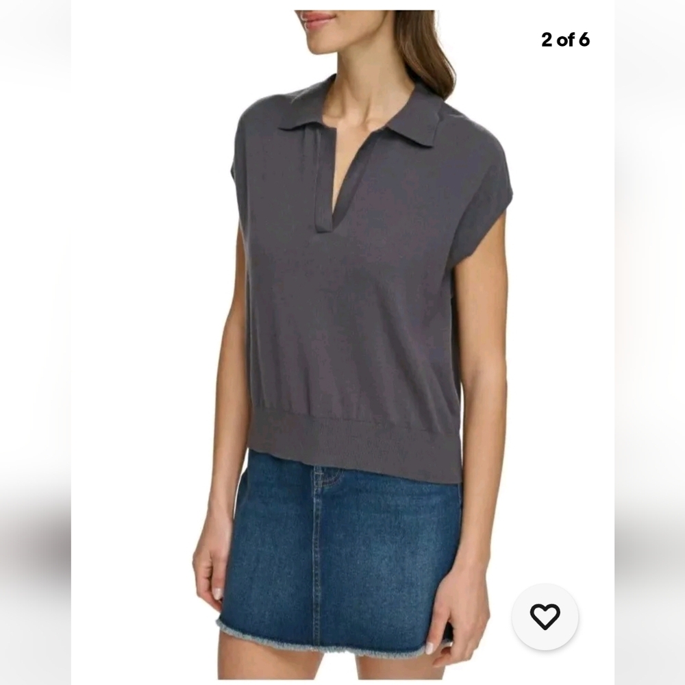 DKNY Modern Fit Sleeveless Collared V-Neck Dark Gray Sweater Sz XL